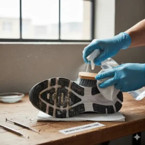 Illustration demonstrating how to clean and prepare a torn sneaker sole before applying the best glue for sneakers.