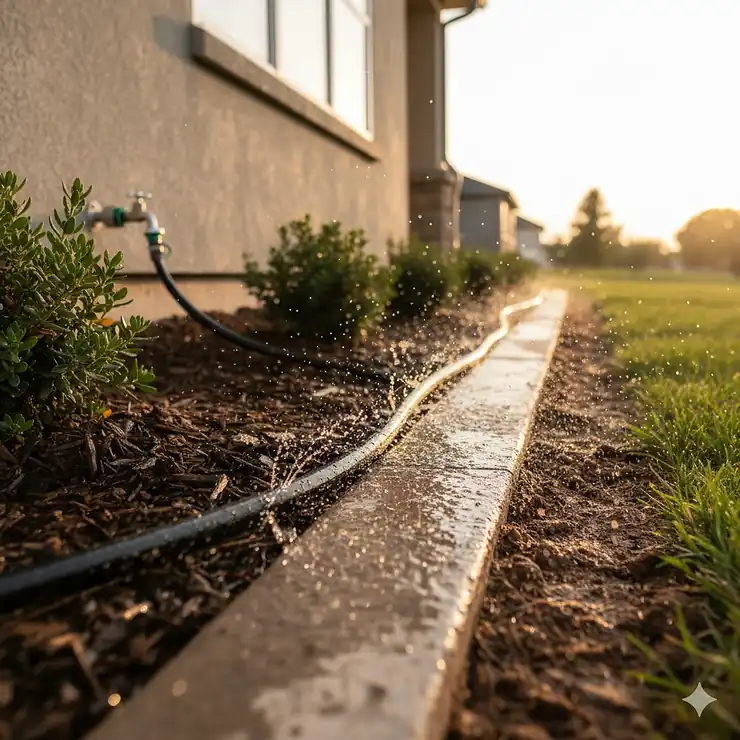 A fully set up soaker hose for foundation watering, demonstrating the proper distance from the house perimeter.
