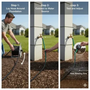 Step-by-step guide illustrating the correct installation of a soaker hose for foundation protection, including hose placement and connection.