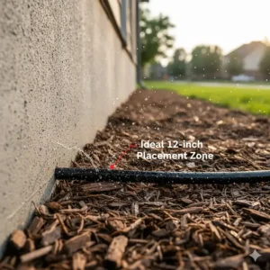 Close-up view of the ideal placement of the soaker hose at the recommended distance from the house foundation.