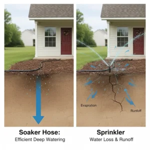 Comparison image showing the water efficiency of a soaker hose versus the evaporative loss of a traditional sprinkler system for foundation care.
