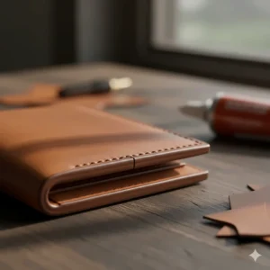 A handcrafted leather wallet showing a durable, clean bond achieved using a highly-rated best glue for leather.