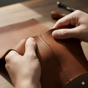 Two pieces of brown leather being pressed together after applying the leather repair glue, showing the adhesive bond.