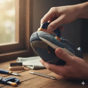 A hand gently flexing a shoe to show the durable and flexible bond achieved with the repair glue.