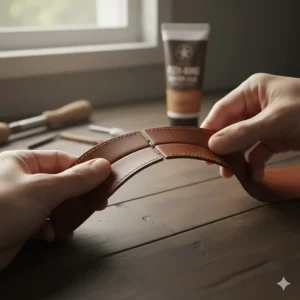 Hands gently flexing two pieces of leather bonded with a flexible best glue for leather, demonstrating the material's elasticity.