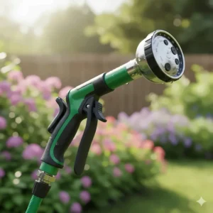 Close-up of a top-rated watering wand with a comfortable grip and adjustable spray settings.