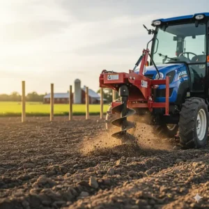 Action shot of a compact tractor using a 3 point post hole digger to drill deep holes for fencing.