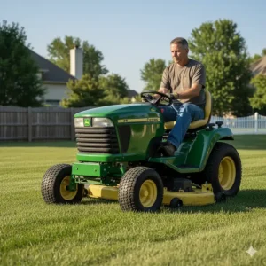 A classic riding lawn mower shown working on a medium-sized yard, highlighting its steering wheel.