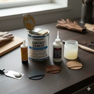 A visual comparison showing different types of leather glues, including contact cement and specialized leather bond.