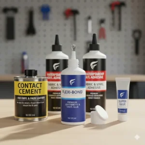 Various types of leatherette glue bottles, including contact cement and flexible super glue.