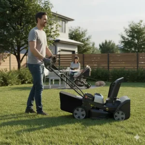 A side view of a relaxed user demonstrating the quiet operation of the electric lawn mower and snow blower unit in a suburban setting.