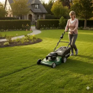 Classic walk-behind mulching lawn mower being used on a small to medium-sized yard, highlighting its maneuverability.