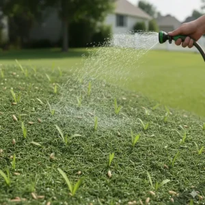 Proper technique for watering grass seed mulch to keep the area moist without washing away the seed.