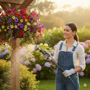 Woman gently watering a hanging basket using a lightweight, extended-reach watering wand.