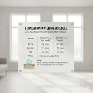 A weekly foundation watering schedule chart, detailing frequency and duration for using a soaker hose based on seasonal needs.