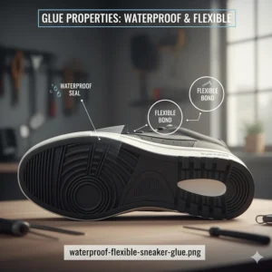 Diagram highlighting the flexibility and waterproofing properties of the best glue for sneakers on a rubber outsole.
