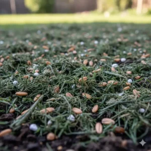 Close-up view of what grass seed mulch looks like, showing the mix of seed and protective material.