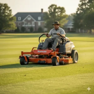 A landscaper operating a commercial zero-turn mower with a wide cutting deck (e.g., 72 inches) to maximize productivity on a large property.