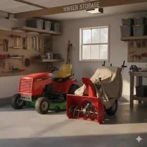 Properly stored lawn mower and separate snow blower in a garage, emphasizing the importance of off-season care for your lawn mower snow blower equipment.