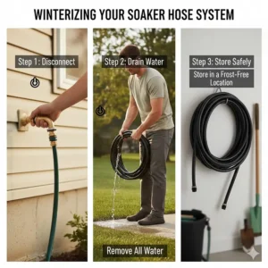 Photo showing the proper steps for disconnecting and storing the soaker hose before winter to protect it and the foundation system.