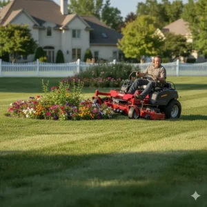 A professional-grade zero turn mower making a sharp turn around a flower bed, showing speed and maneuverability.