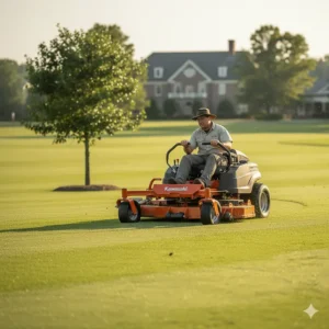 An overhead or side shot of a commercial zero-turn mower executing a tight zero-radius turn around a tree or garden bed.
