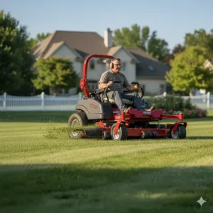 Close-up of a zero turn mower demonstrating its namesake capability, the zero-radius turn.