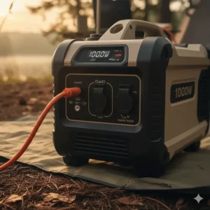 Close-up of the 1000 watt generator's user-friendly control panel, showing the AC outlets, USB ports, and indicator lights.
