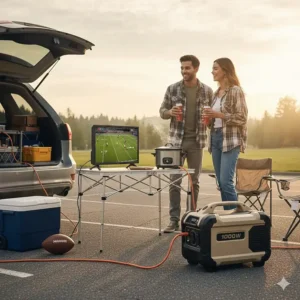 A small group enjoying a tailgating event with the quiet power of a reliable 1000 watt inverter generator running a small TV and slow cooker.