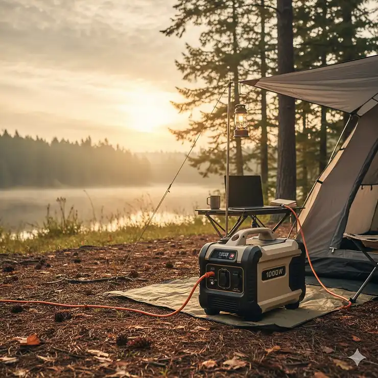 A compact, 1000 watt portable inverter generator operating quietly outside a tent at a campsite, demonstrating its clean power for small outdoor needs.