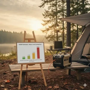 A bar chart comparing the low operating decibel level of a typical 1000 watt inverter generator to a normal conversation.