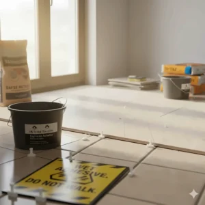 Image of a newly tiled surface left to cure and allow the ceramic tile adhesive to set fully before grouting.