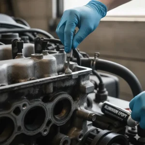 Using high-temperature aluminum epoxy to fix a small leak or hole on a cast aluminum engine block or coolant pipe.