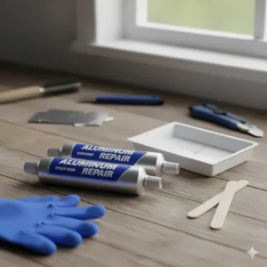 The complete aluminum repair epoxy kit, including the two-part resin and hardener tubes, ready for mixing.