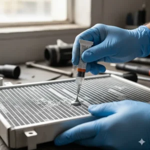 Repairing a leak on an aluminum radiator using a heat-resistant, reliable epoxy for aluminum automotive fixes.