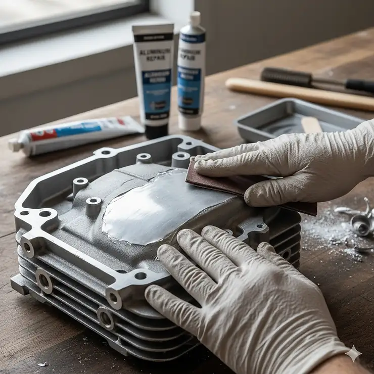 Close-up of a seamless aluminum repair using a high-strength epoxy adhesive, showing a durable, long-lasting bond.