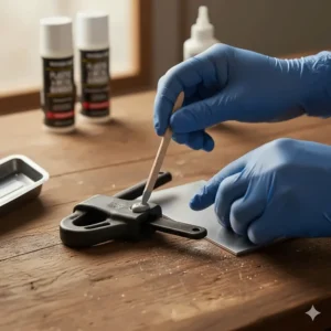 Close-up shot of a small, thin layer of adhesive being carefully applied to the plastic part before joining it to the metal.
