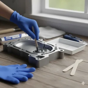 A person carefully applying the mixed aluminum repair epoxy over a fine crack on an aluminum casing or engine block.