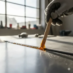 Applying a small, even layer of mixed epoxy to glue metal for a permanent, high-strength connection.