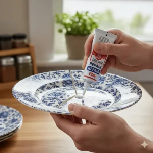 A hand carefully applying food-safe ceramic adhesive to the broken edge of a dinner plate, showing the precise application technique.