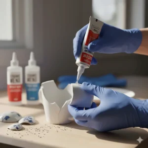 A person carefully applying a thin, even layer of best ceramic repair glue along the broken edge of a mug.