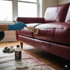 A final step image showing a person brushing on the protective sealant or top coat after the leather sofa paint has dried.