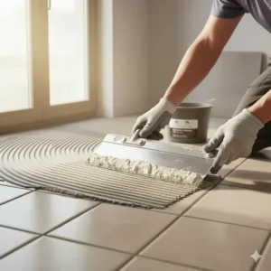 Applying ceramic tile to tile adhesive evenly onto the substrate using a notched trowel to create consistent ridges.