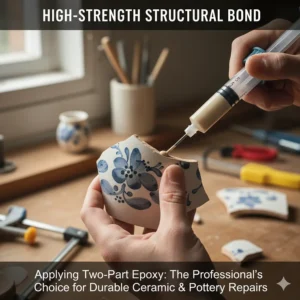 Applying a two-part epoxy mix to broken pottery, a common choice for the best glue for ceramic that requires high structural strength.