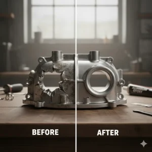 Side-by-side comparison of a severely damaged part next to the same part perfectly restored using industrial aluminum epoxy.