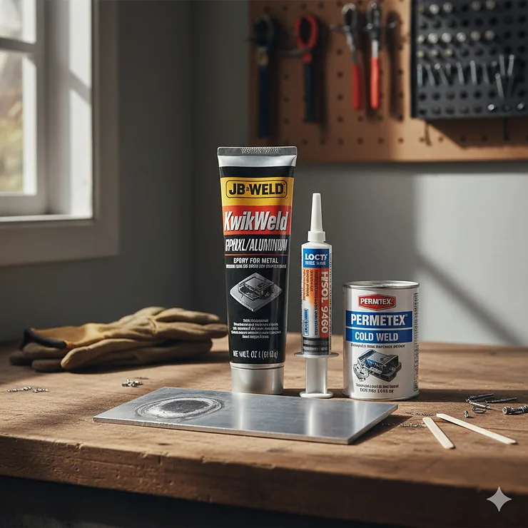 Close-up of three top-rated, best epoxy for aluminum products arranged near a smooth aluminum repair patch.