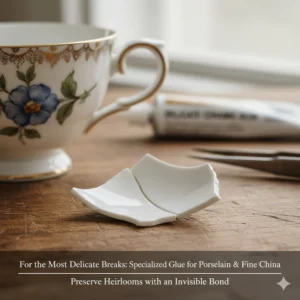 Detailed view of a broken porcelain piece, highlighting the need for a specific, gentle best glue for ceramic materials like porcelain.