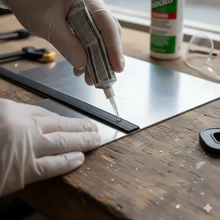 Close-up shot of a user applying the best type of adhesive or glue for bonding a rubber strip securely onto a metal surface, showing a strong, clean bond.