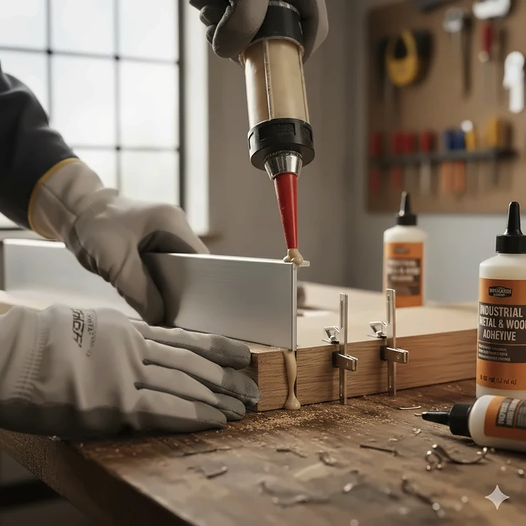 A metal bracket is being bonded to a wooden panel using a two-part epoxy glue, showcasing the strong adhesive joint between the dissimilar materials. glue for metal and wood