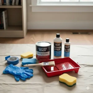 Lay flat of essential tools and materials needed for a successful leather sofa paint job, like brushes, cleaner, and masking tape.